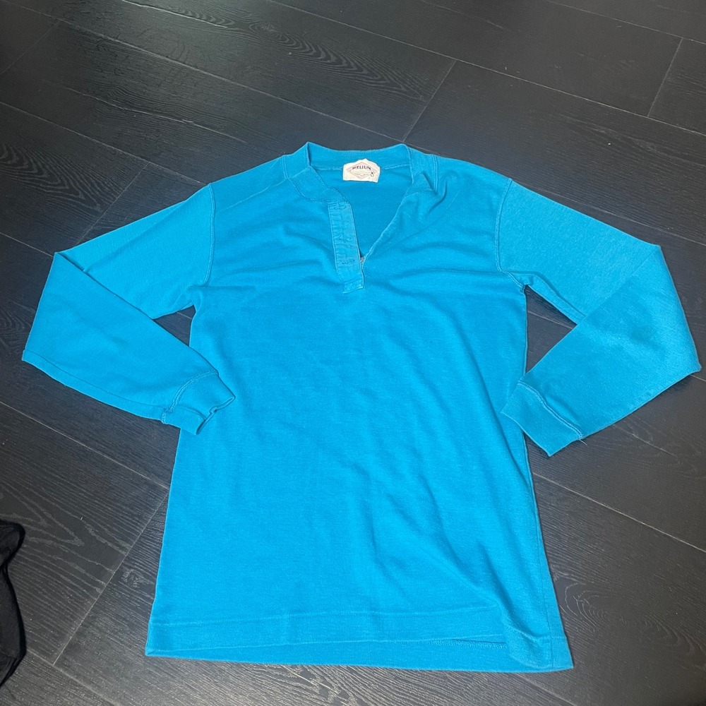 Helium Turquoise Blue Long Sleeve Henley Button Small Knit Top Vintage Retro 70s
